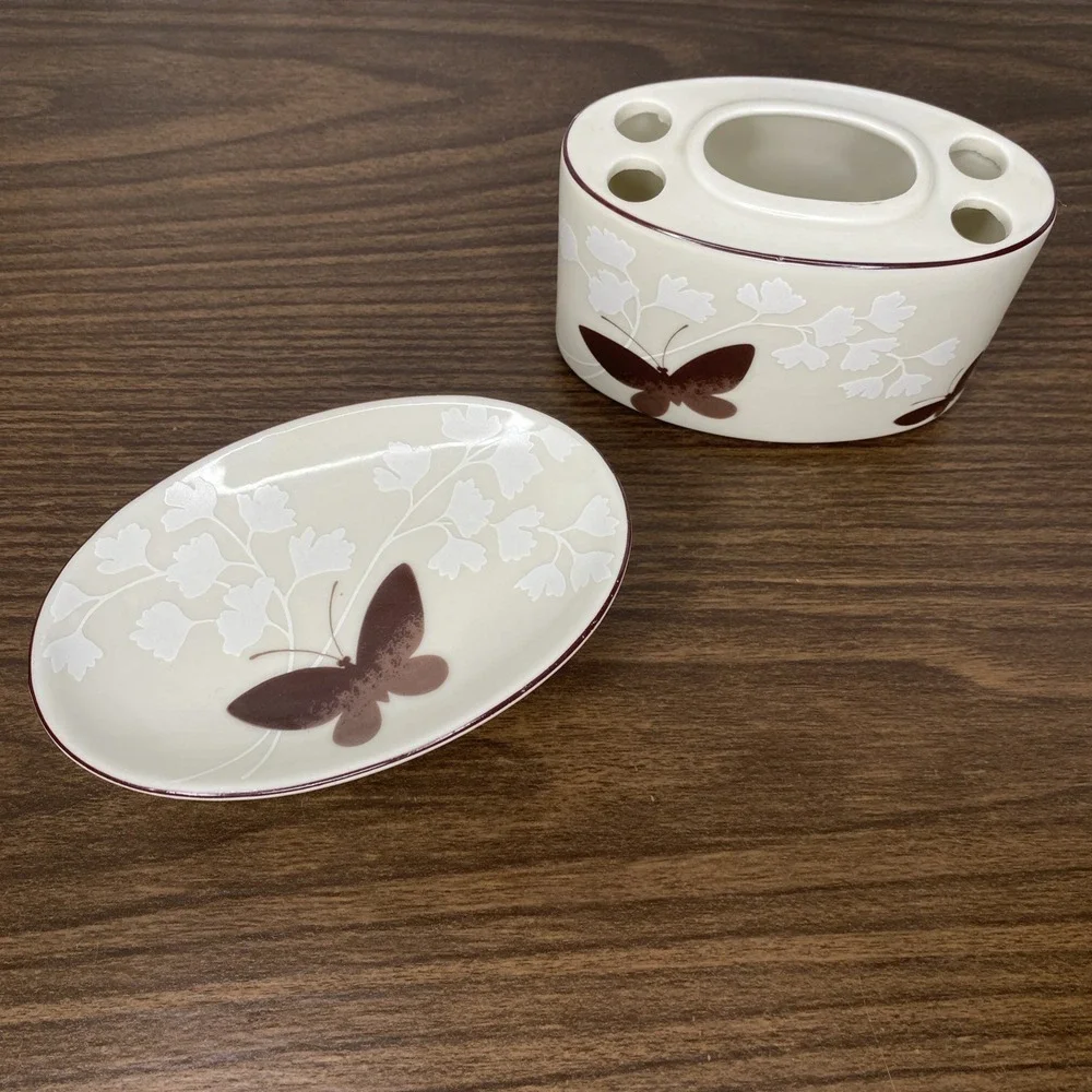 VTG Brown Butterfly Soap Dish & Toothbrush Holder Set •Japan• MCM• Ames Style